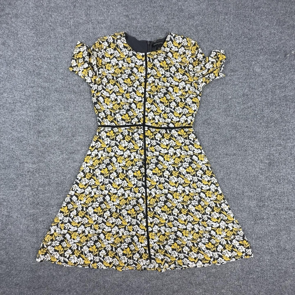 Banana Republic Dress Womens 4 Black Yellow Floral Short Sleeve Fit Flare Lined